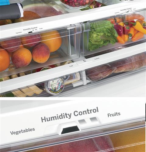 Two humidity-controlled drawers and full-width drawer