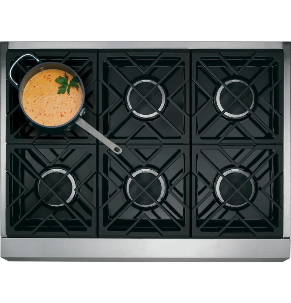 Six 18,000 BTU dual-flame stacked burners