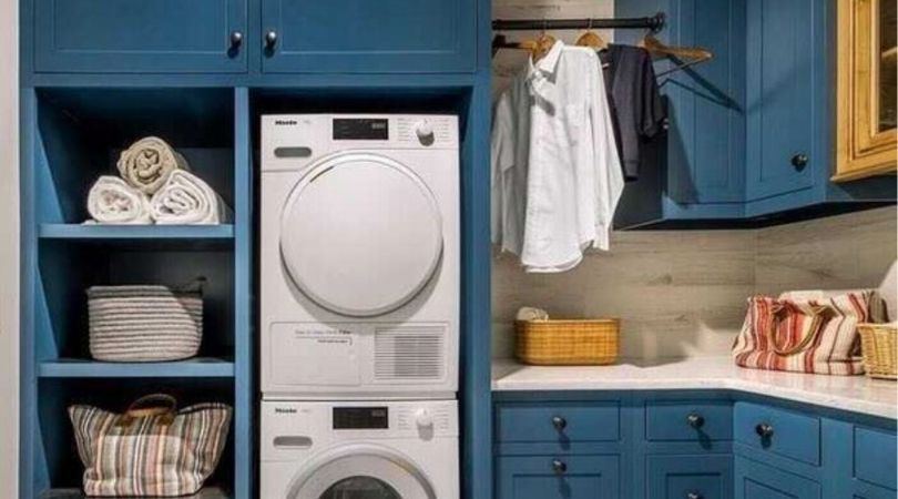 Laundry room with hanging rack for clothing