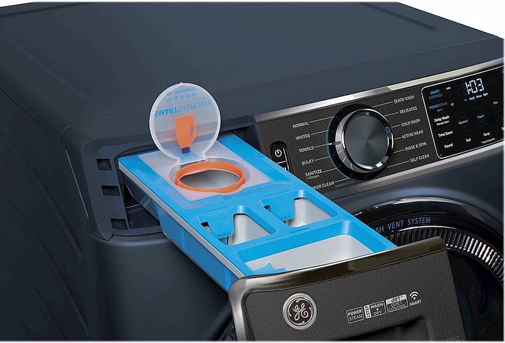 GE stackable washer with automatic bulk dispenser