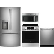 GE 4 Piece Appliance Package with GFE28GYNFS Refrigerator, GRS600AVFS Electric Range, GDF650SYVFS Dishwasher & JNM3163RJSS Microwave