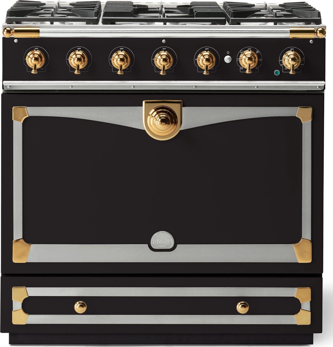 La Cornue C9NF CornuFe 90 36" Dual Fuel Range - Matte Black, Stainless Steel & Polished Brass