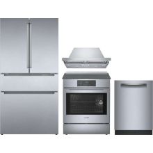 Bosch 4 Piece Appliance Package with B36CL80ENS Refrigerator, HII8057U Range, HUI50351UC Hood & SHP65CM5N Dishwasher