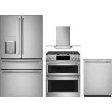 Cafe 4 Piece Appliance Package with CVE28DP2NS1 Refrigerator, CGS750P2MS1 Gas Range, CDT828P2VS1 Dishwasher & CVW73012MSS Hood