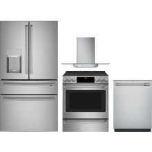 Cafe 4 Piece Appliance Package with CVE28DP2NS1 Refrigerator, CES700P2MS1 Electric Range, CDT828P2VS1 Dishwasher & CVW73012MSS Hood