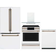 Cafe 4 Piece Appliance Package with CWE19SP4NW2 Refrigerator, CES700P4MW2 Electric Range, CDT858P4VW2 Dishwasher & CVW73014MWM Hood