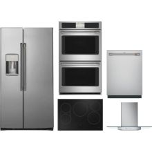 Cafe 5 Piece Appliance Package with CZS22MP2NS1 Refrigerator, CEP90301TBB Cooktop, CTD70DP2NS1 Wall Oven, CDT828P2VS1 Dishwasher & CVW73012MSS Hood