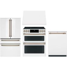 Cafe 4 Piece Appliance Package with CGE29DP4TW2 Refrigerator, CHS950P4MW2 Range, CDT858P4VW2 Dishwasher & CVW93044PWM Hood