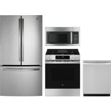 GE 4 Piece Appliance Package with GNE27JYMFS Refrigerator, GGS600AVFS Gas Range, GDT226SSLSS Dishwasher & JVM3162RJSS Microwave