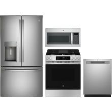 GE 4 Piece Appliance Package with GFE28GYNFS Refrigerator, GGS600AVFS Gas Range, GDP630PYRFS Dishwasher & JVM6172SKSS Microwave