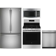 GE 4 Piece Appliance Package with GNE29GYNFS Refrigerator, GGF500PVSS Gas Range, GDT225SSLSS Dishwasher & JNM3163RJSS Microwave