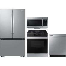 Samsung 4 Piece Appliance Package with RF32CG5100SR Refrigerator, NSG6DG8300SR Gas Range, DW80CG4021SR Dishwasher & ME17R7021ES Microwave