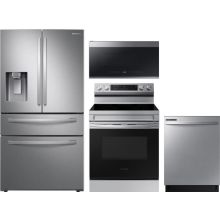 Samsung 4 Piece Appliance Package with RF28R7201SR Refrigerator, NE63A6311SS Electric Range, DW80CG4021SR Dishwasher & ME21DG6500SR Microwave