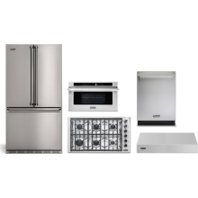 Viking 5 Piece Appliance Package with RVFFR336SS Refrigerator, VGSU53616BSS Cooktop, VMDD5306SS Wall Oven, VDWU524SS Dishwasher & VWH536121SS Hood