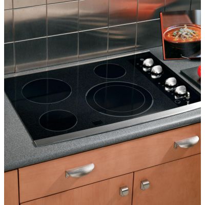 GE JP356SMSS 30 Smoothtop Electric Cooktop with 4 Ribbon Elements, 9/12  Dual Element, PowerBoil Burner, Melt Option and ADA Compliant: Black  Surface with Stainless Steel Accents